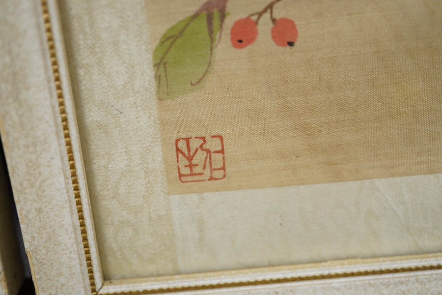 20th century, Chinese School, set of five watercolours on silk, Birds of Paradise amongst flowers, 28 x 33cm. Condition - fair